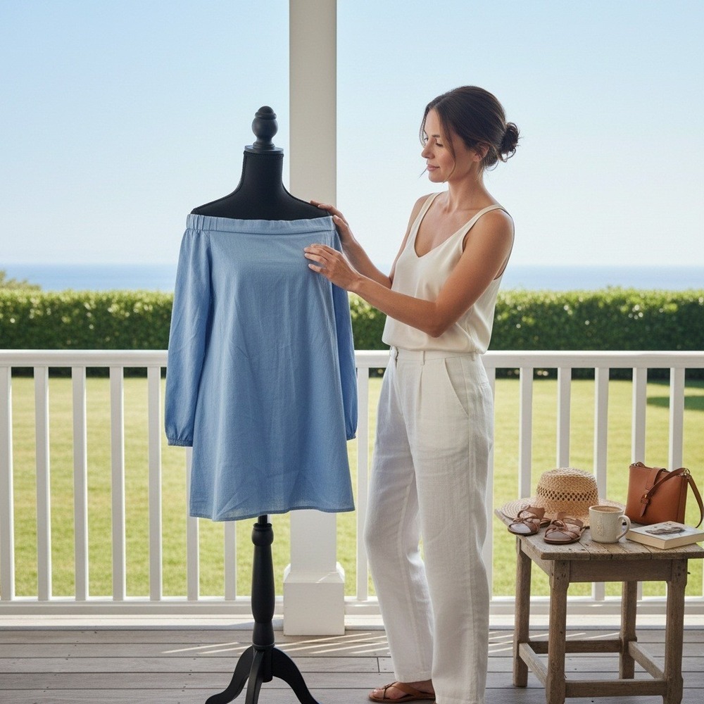 TIBI Off-The-Shoulder Blue Chambray Tunic Dress sz 10 Coastal Luxury Clean $295 - Picture 7 of 9